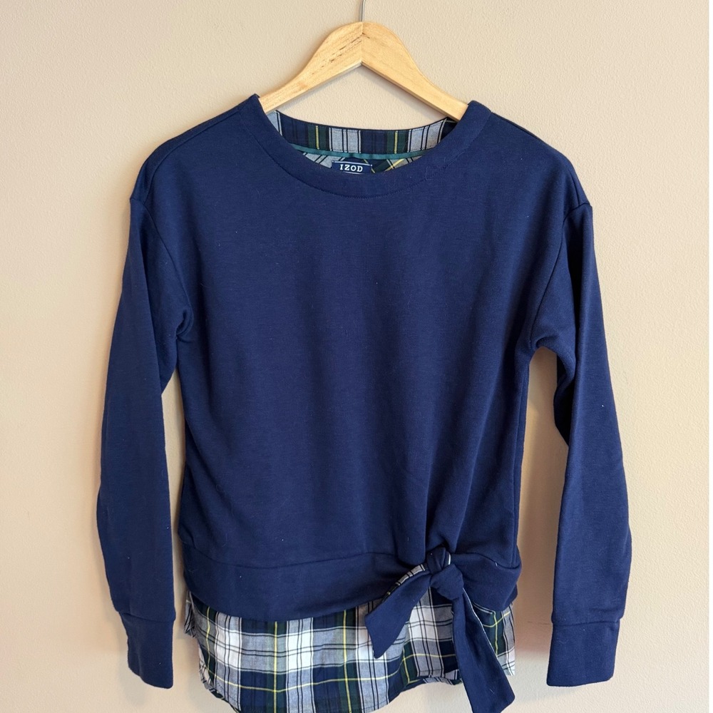 IZOD Womens Navy Blue Layered Plaid Hem Sweatshirt Side Tie Top XS